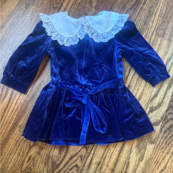 Baby Girl Vintage Rare Editions Blue Velvet Velour and Lace Dress 2T - Picture 5 of 6